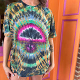 Front close-up of psychedelic tie-dye t-shirt with vibrant eye design
