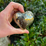 pyrite crystal heart in front of a green bush