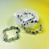 Rainbow Fluorite Crystal Chip Bracelets in Selenite Crystal Bowl over Yellow background