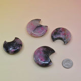 Set of four half-moon shaped objects with a colorful pattern on a beige background.