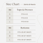 A picture of the Saints & Hearts size chart.