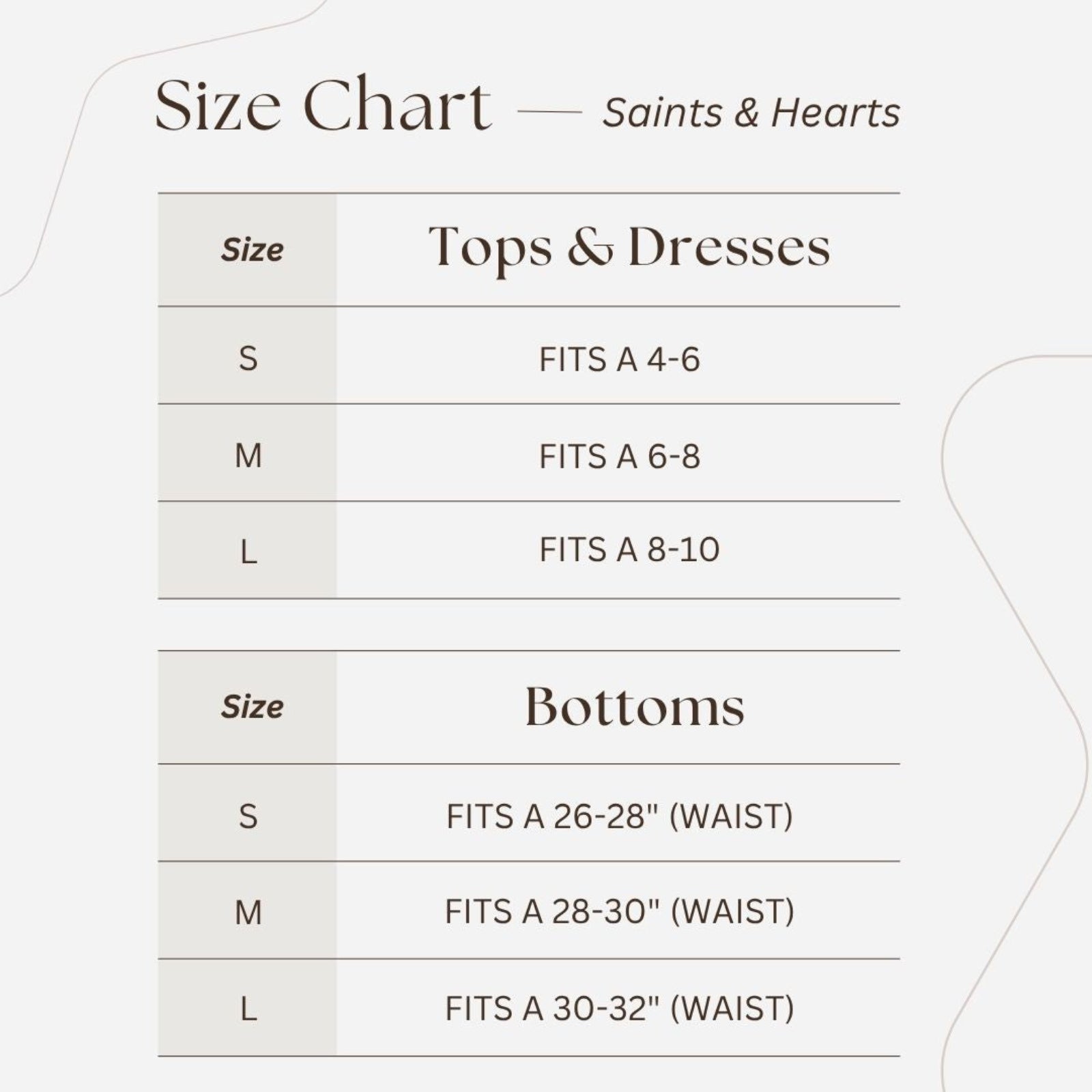 A picture of the Saints & Hearts size chart.