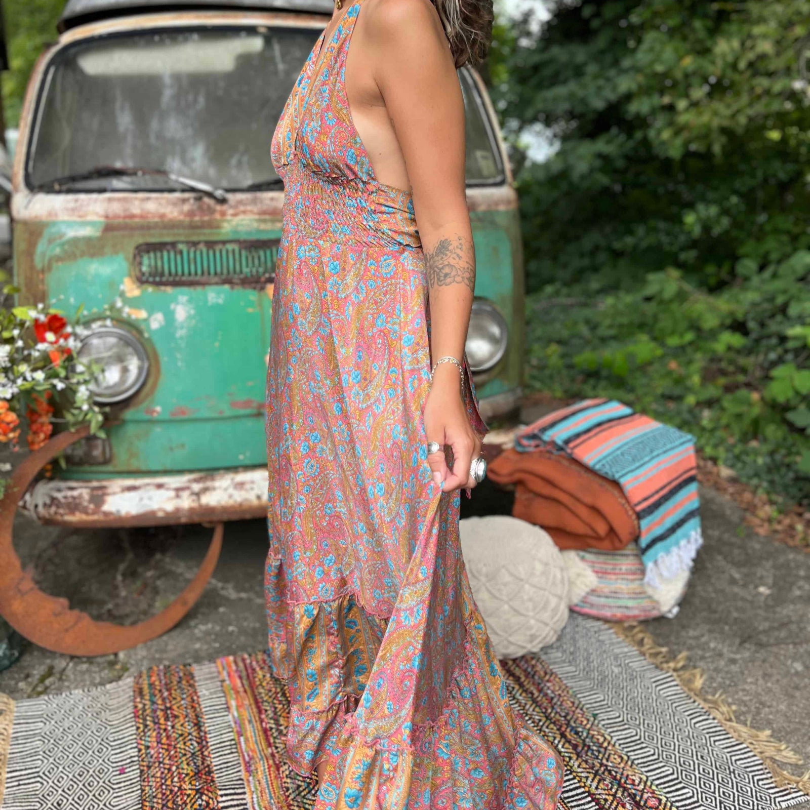 Hippie festival silk maxi dress with tassel tie details