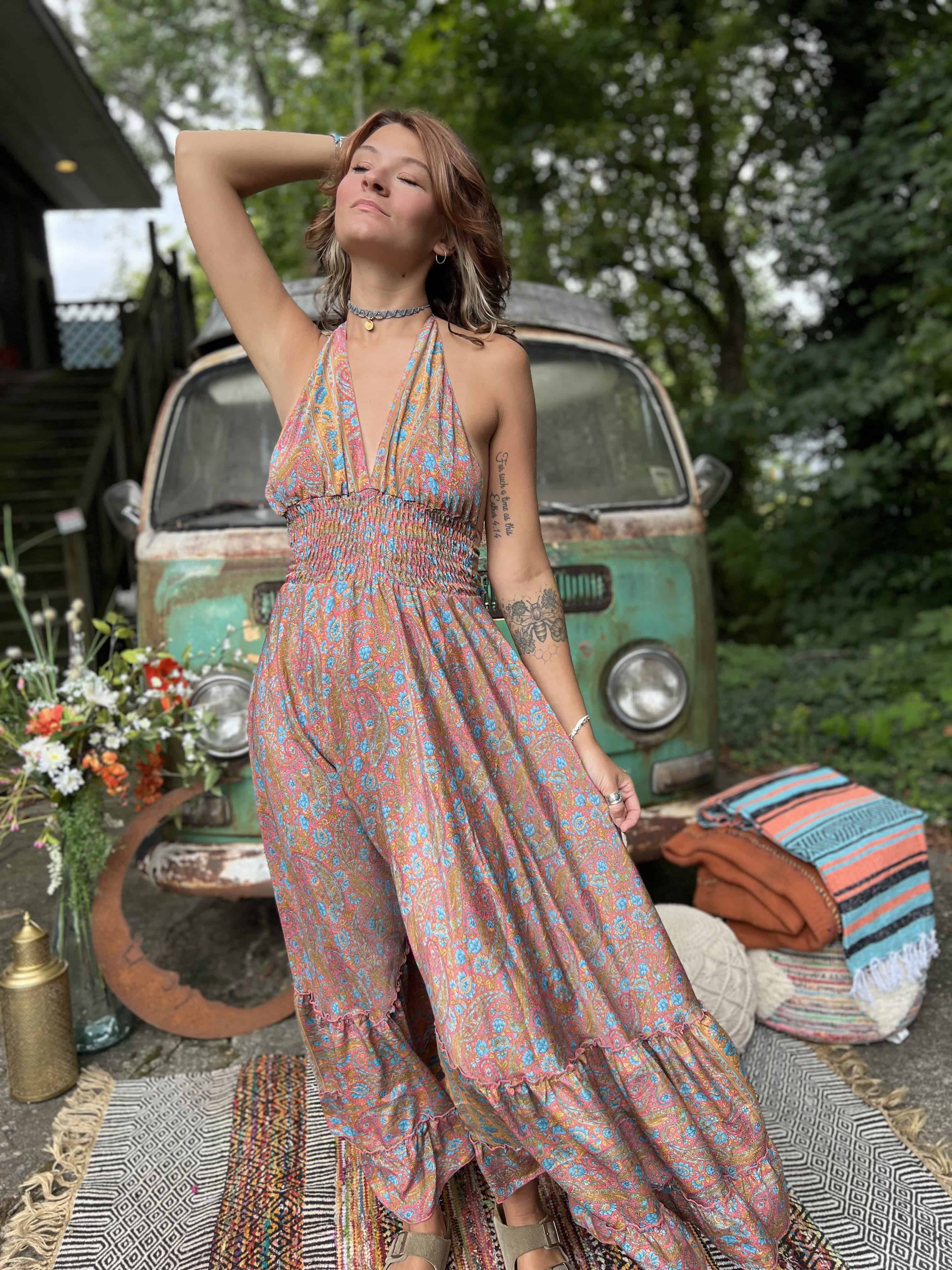 Floor-length silk boho dress with double tier tiers