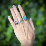 Hand wearing three rings with gemstones against a blurred green background