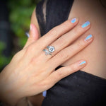 Hand wearing a silver ring with a flower design, against a blurred natural background.