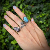 Hand wearing two silver rings with gemstones against a green leafy background