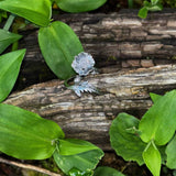 Silver ring with a leaf design on a wooden log surrounded by green leaves