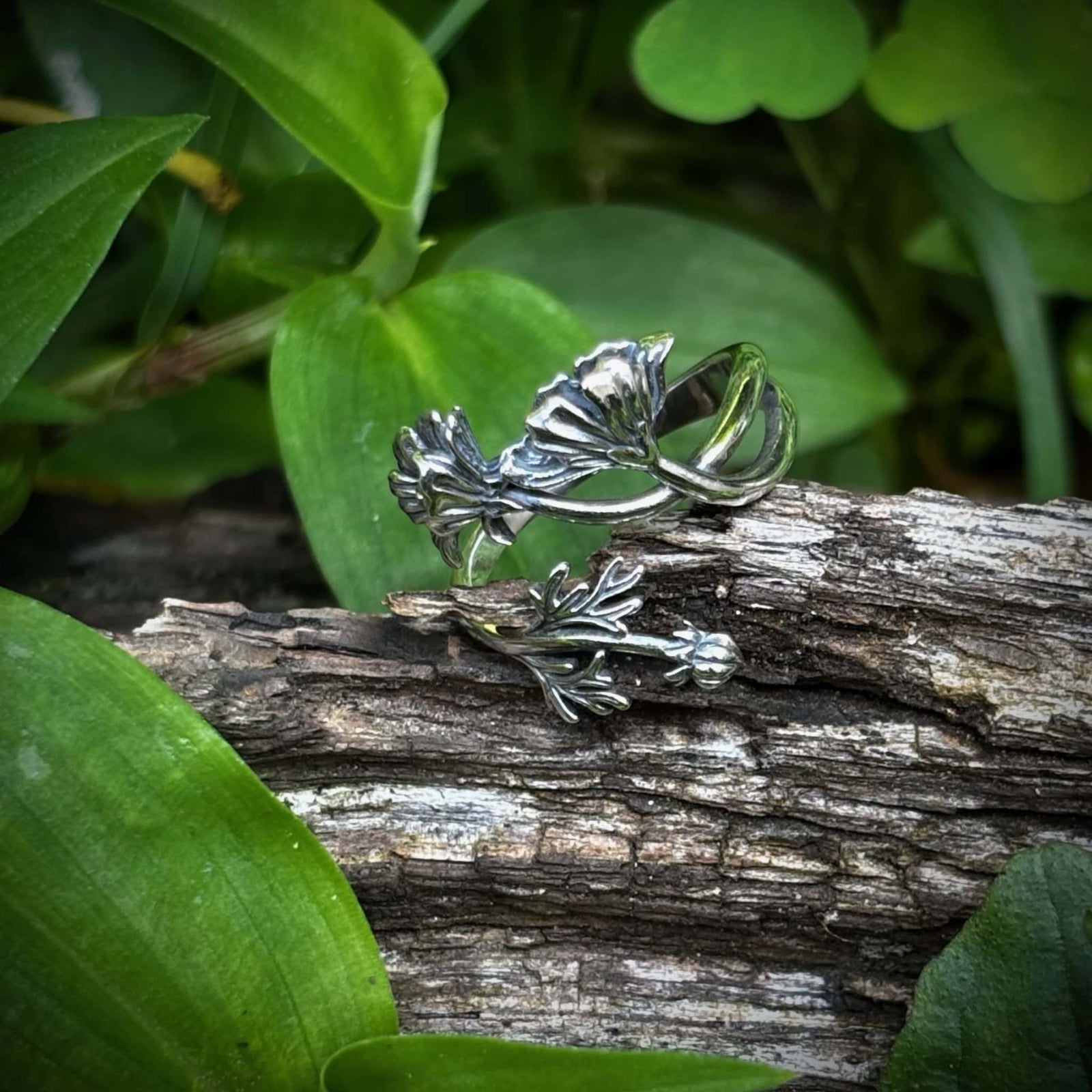 Silver leaf-shaped ring on a wooden log with green leaves in the background