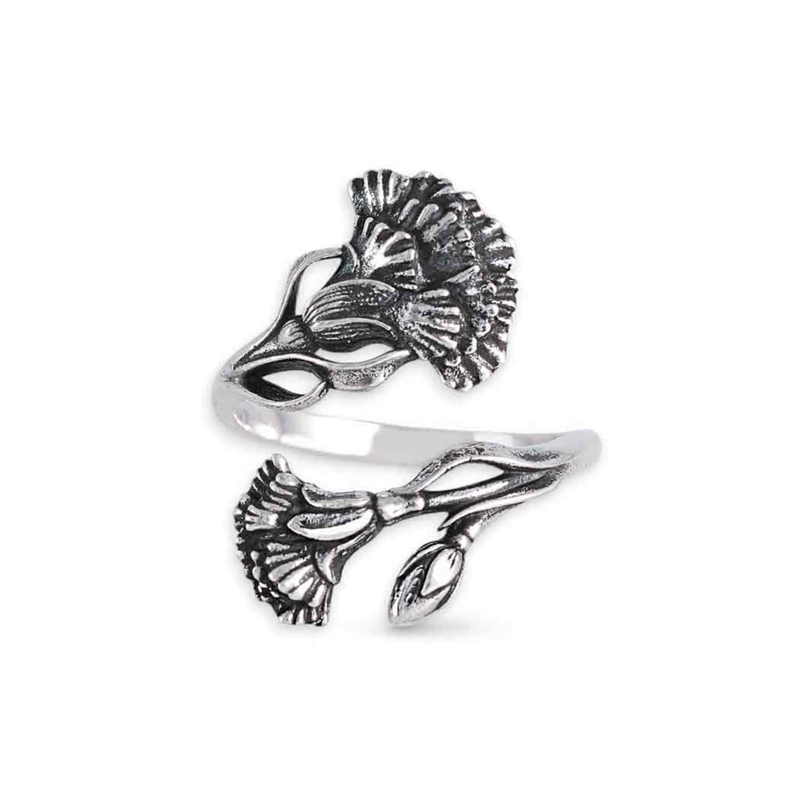Silver floral ring on a white background