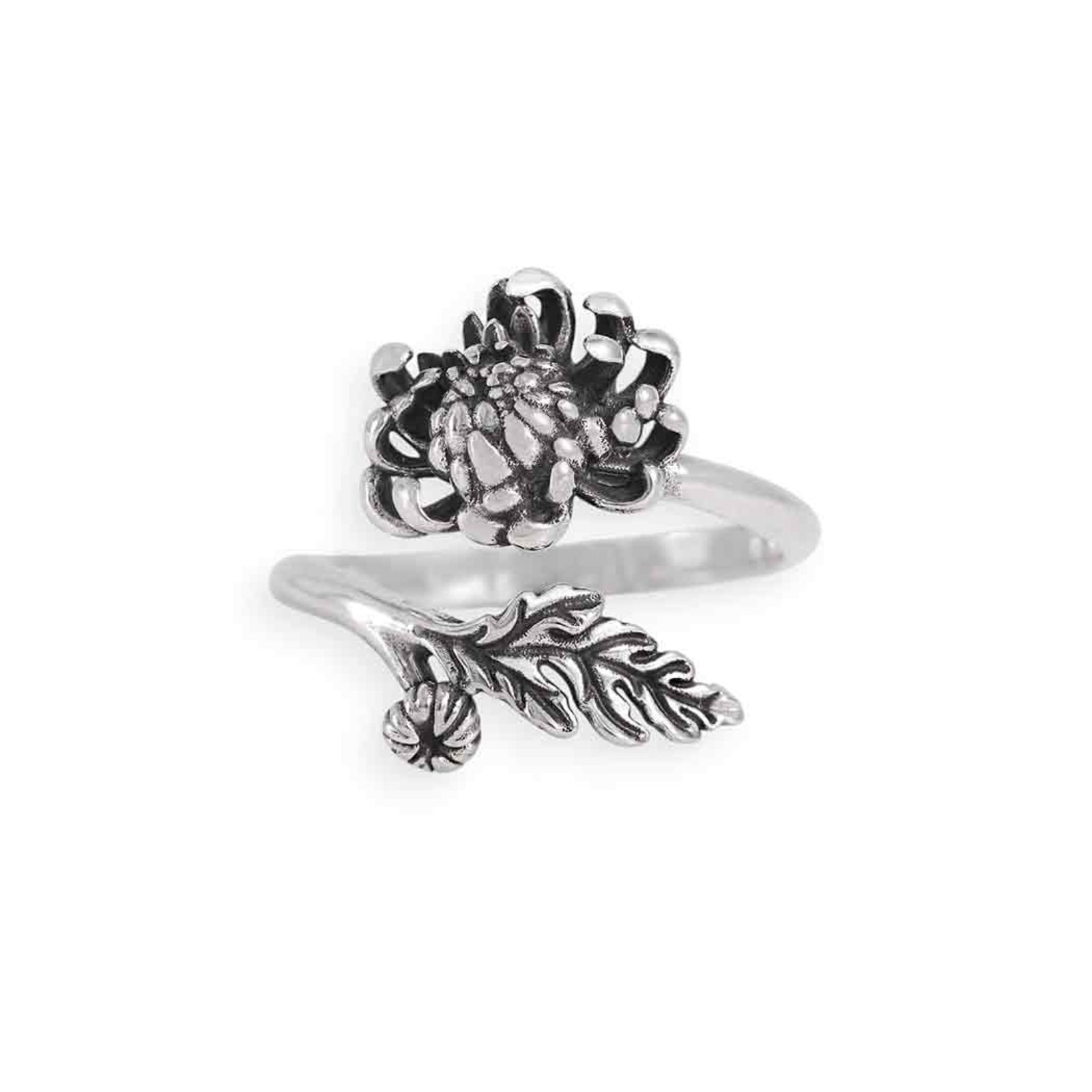 Silver floral ring on a white background