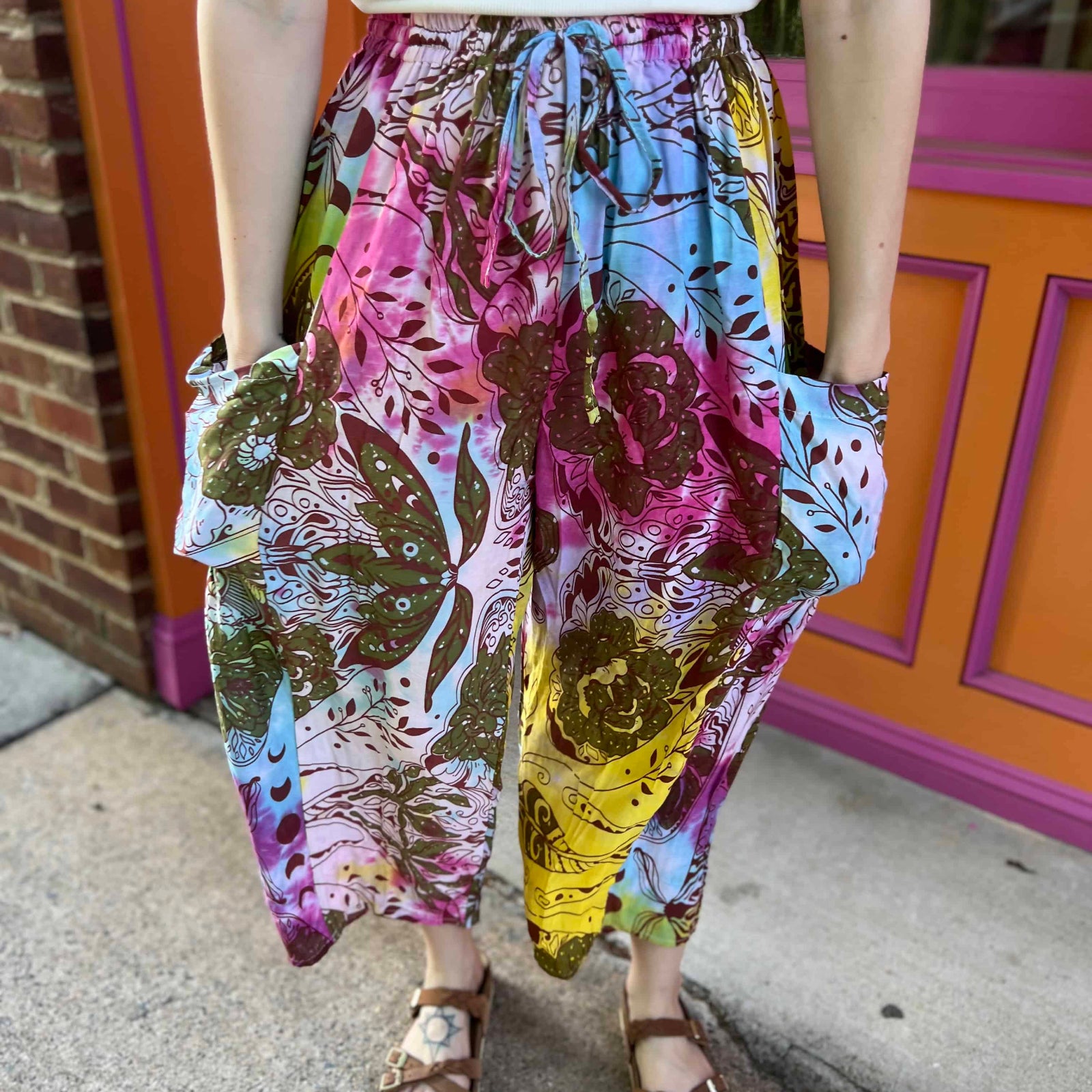 Boho wide-leg pants with colorful moon and nature print