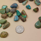 Turquoise stones with a quarter for scale on a beige background