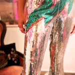 An up-close image of the Sequin Flare Thunderbolt Disco Pants.