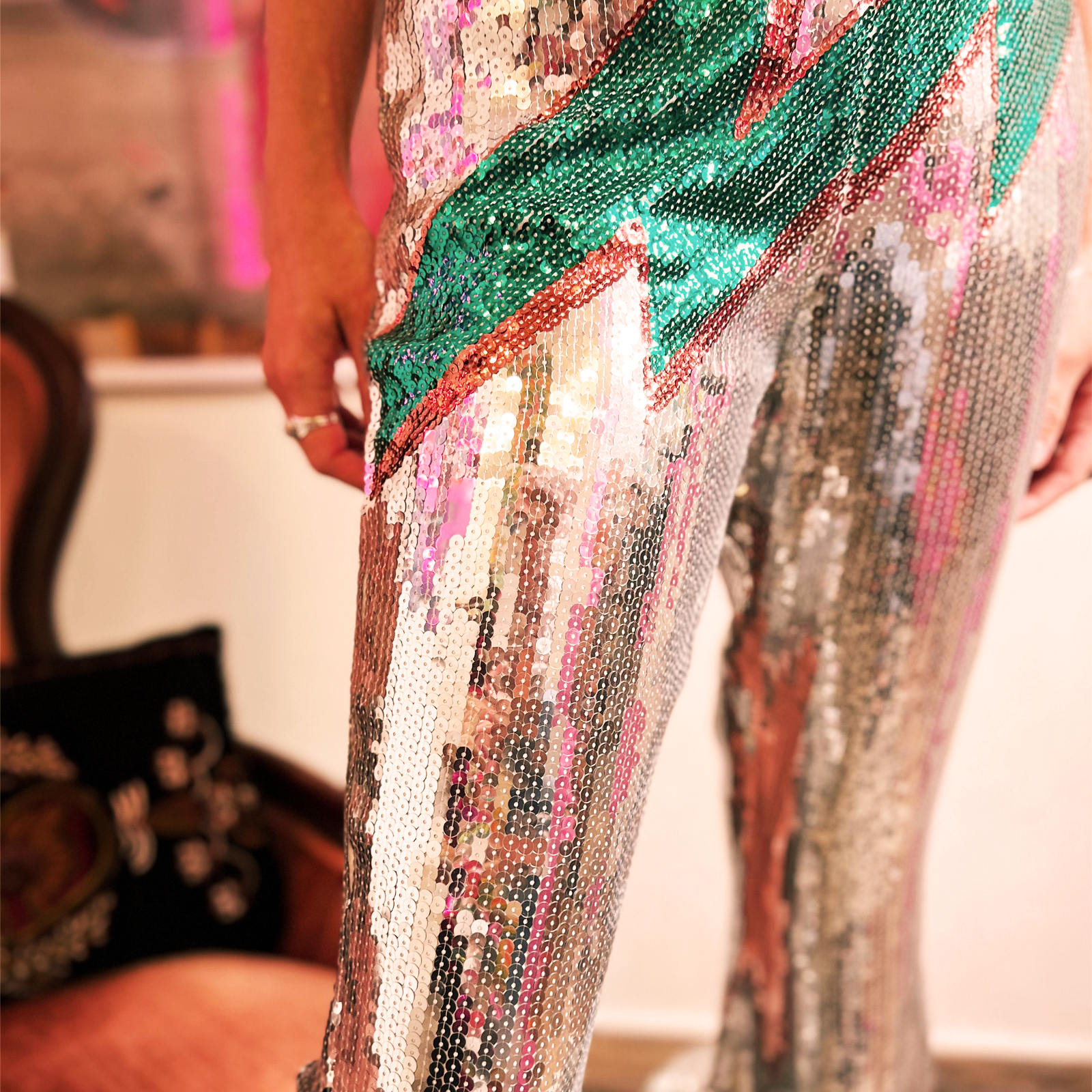 An up-close image of the Sequin Flare Thunderbolt Disco Pants.