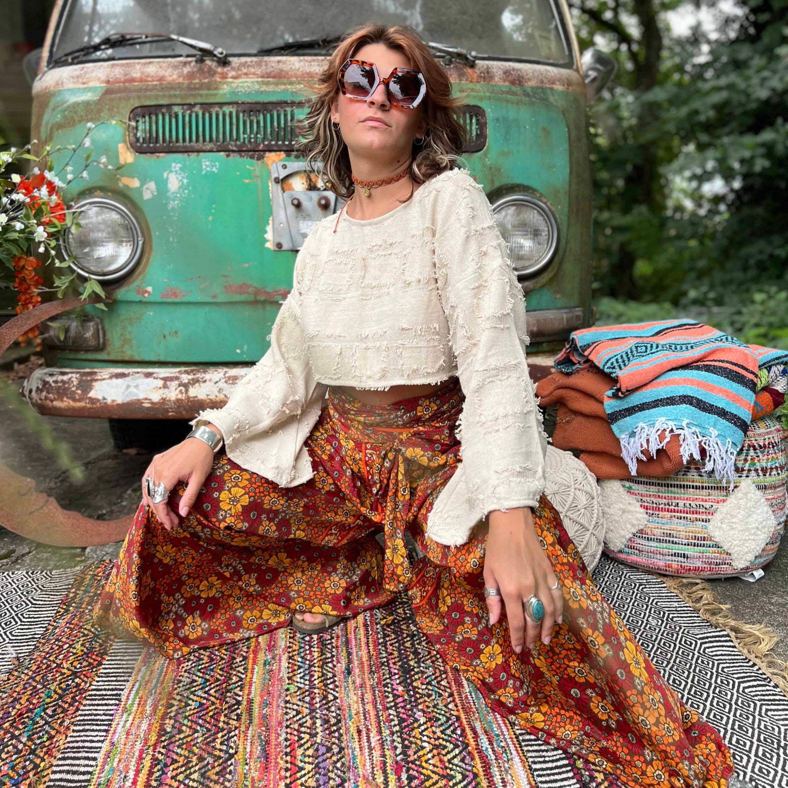 Close-up of bohemian cotton crop top woven fabric