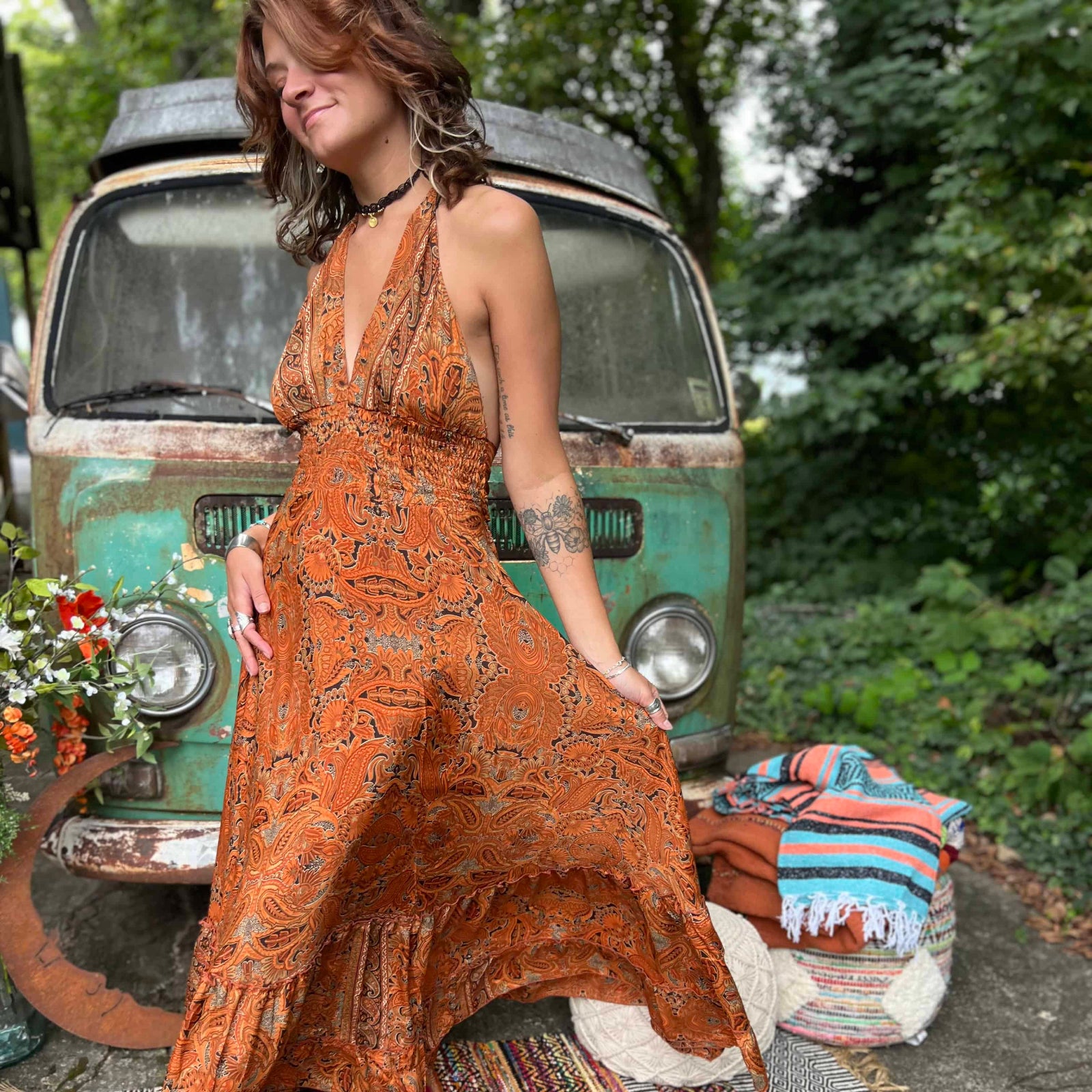 Hippie style maxi dress with dramatic bow tie in back