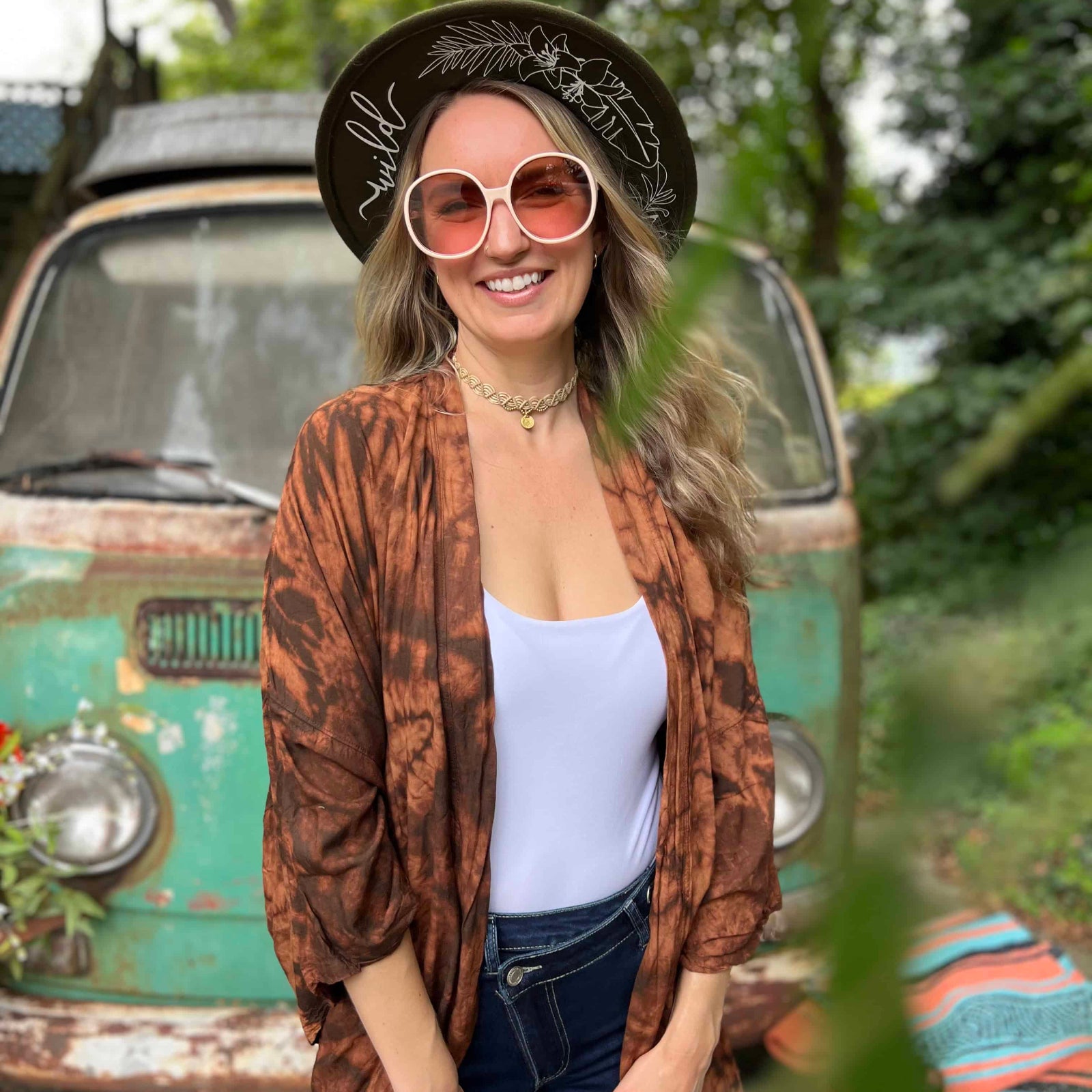 Festival style brown hand-dyed boho kimono front view