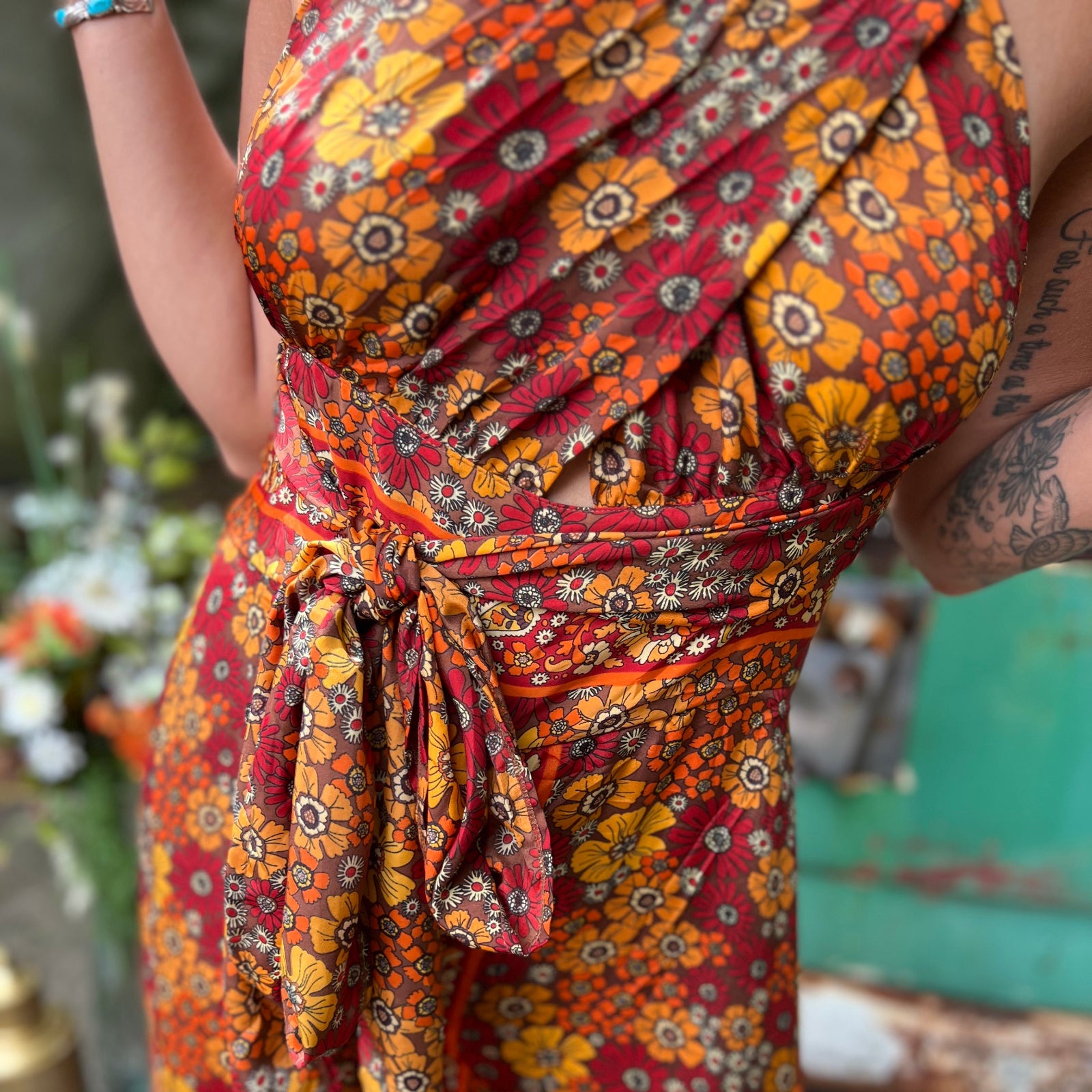 Rainbow boho jumpsuit with front bow styling