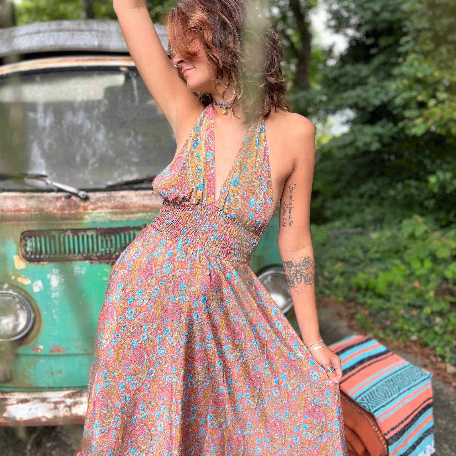 Close-up of back bow on silk maxi boho dress