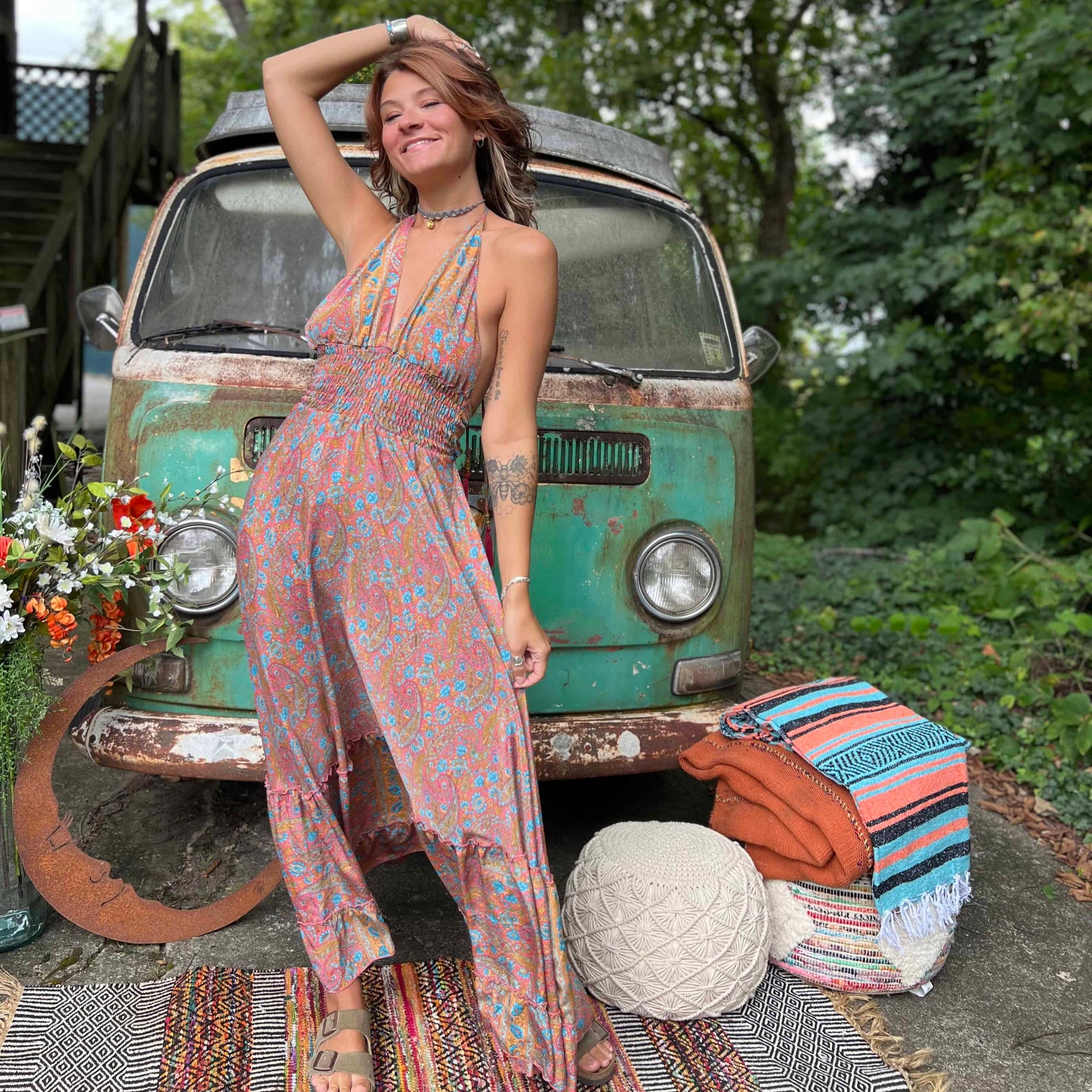 Hippie chic silk maxi dress styled for festival fashion