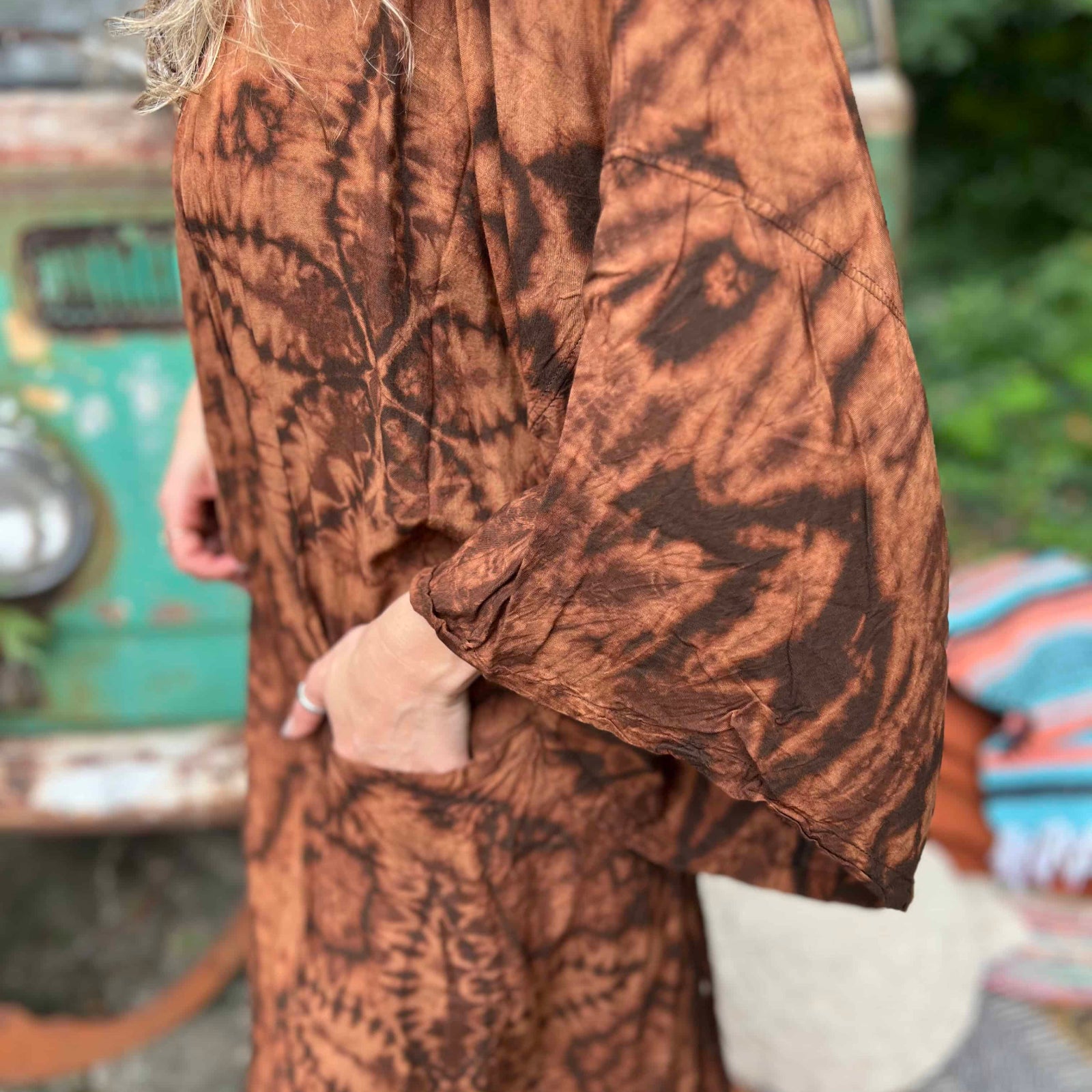 Pocket detail of brown bohemian hippie kimono with hand-dyed fabric