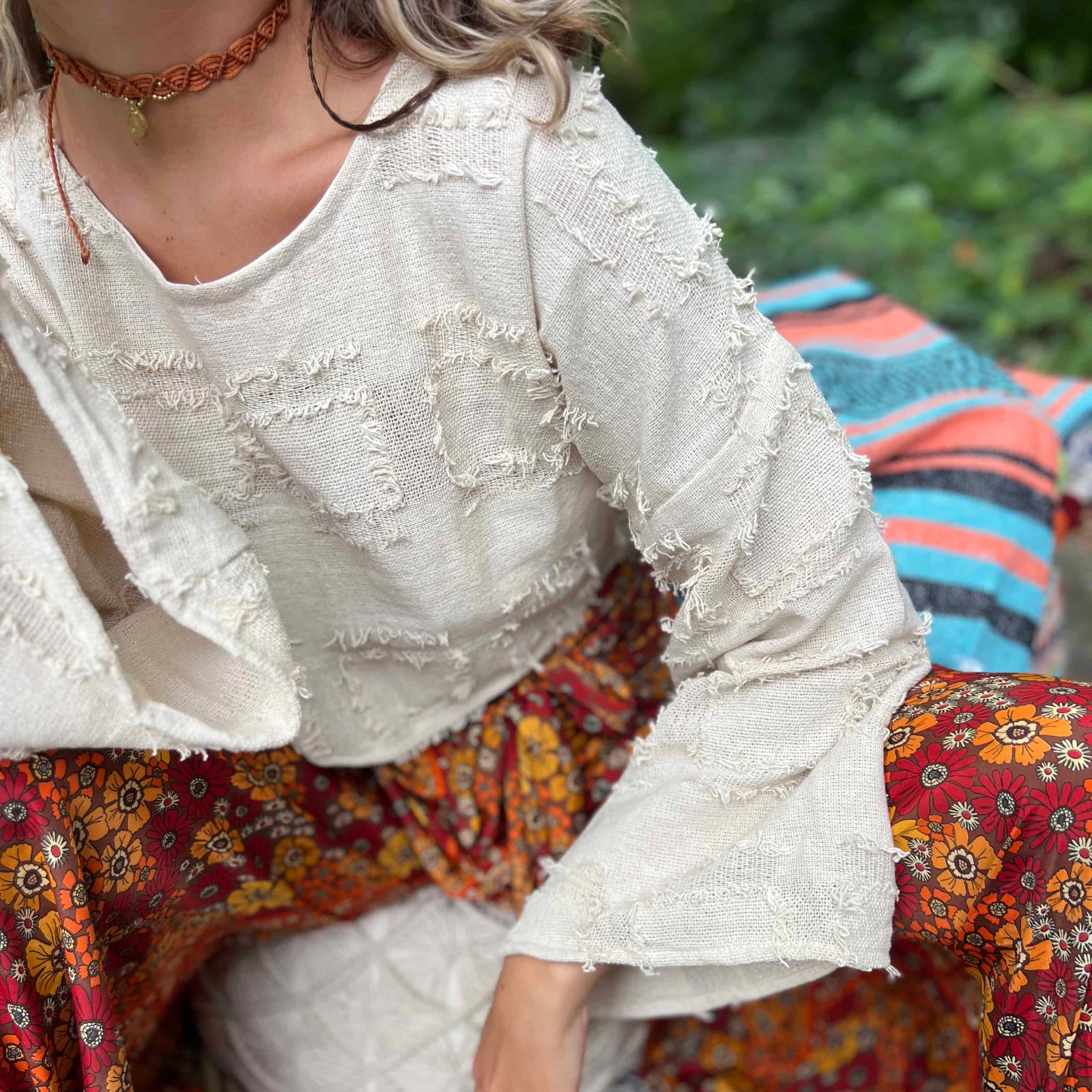 Frayed cotton texture on grunge style boho crop top