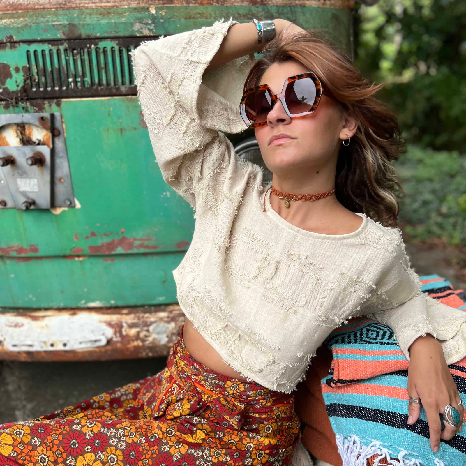 Bohemian fashion crop top with bell sleeve details