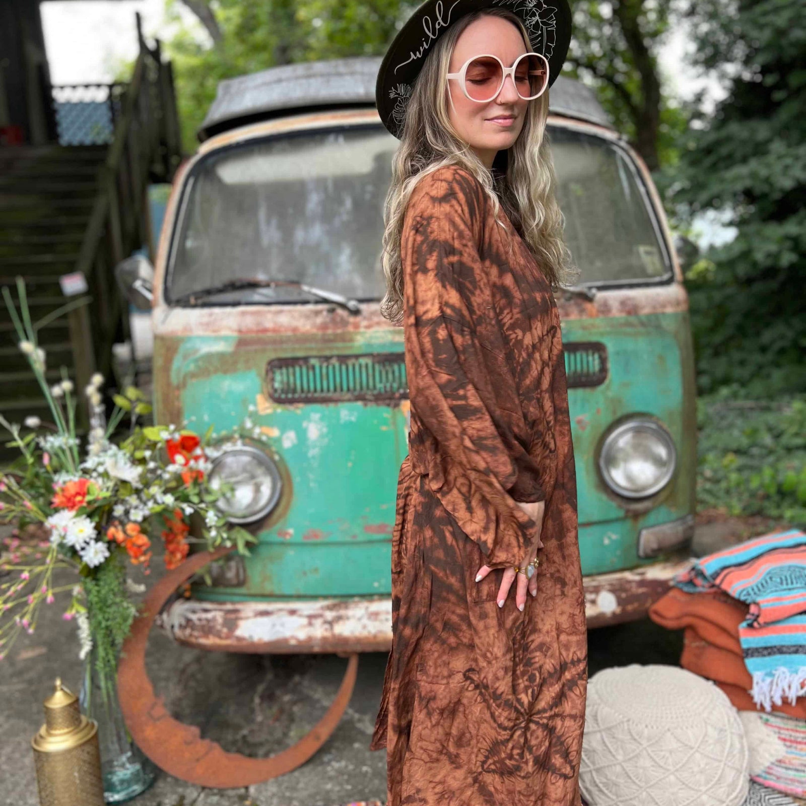 Wide sleeve detail of brown hand-dyed hippie boho kimono