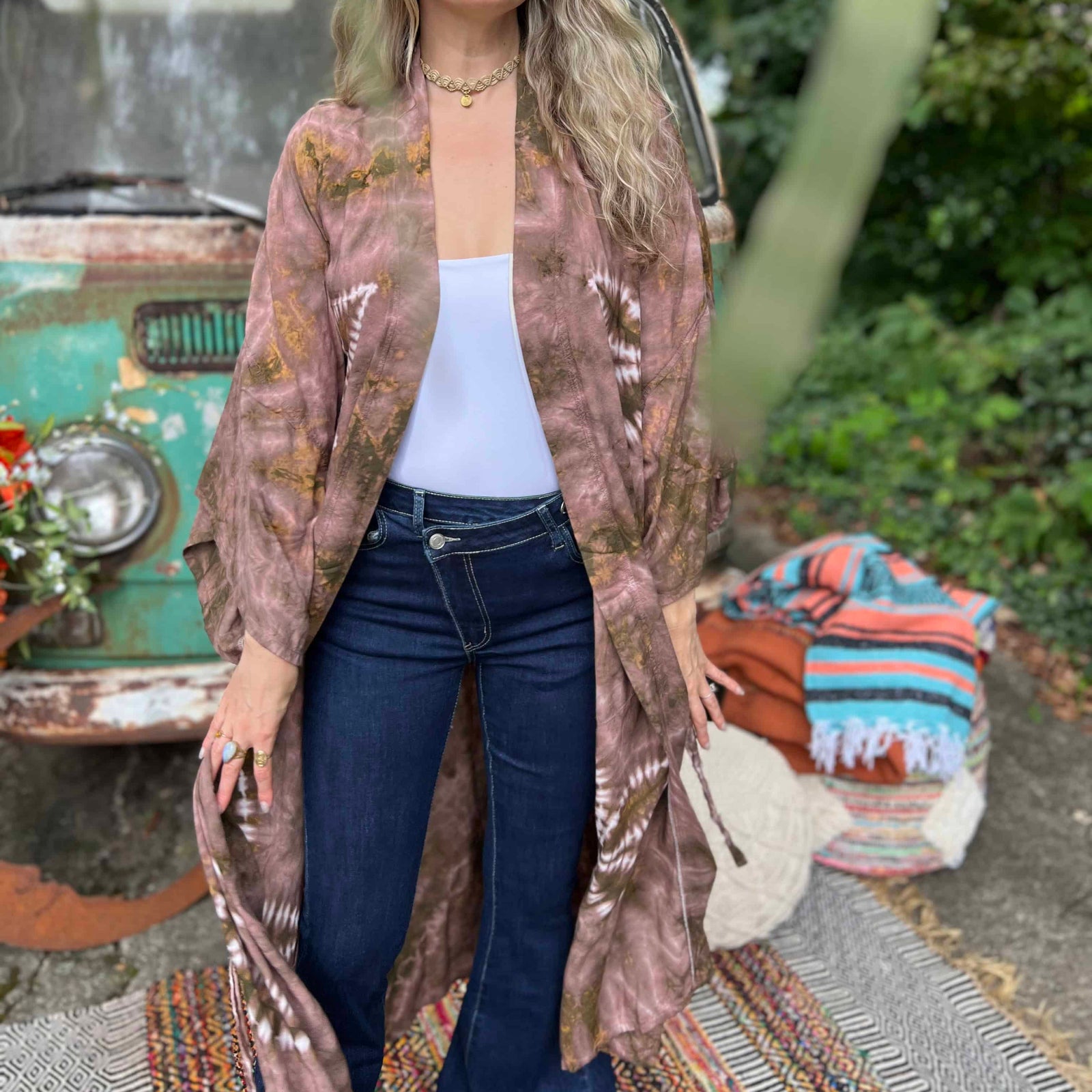 Long front view of mauve hippie boho kimono with tie waist