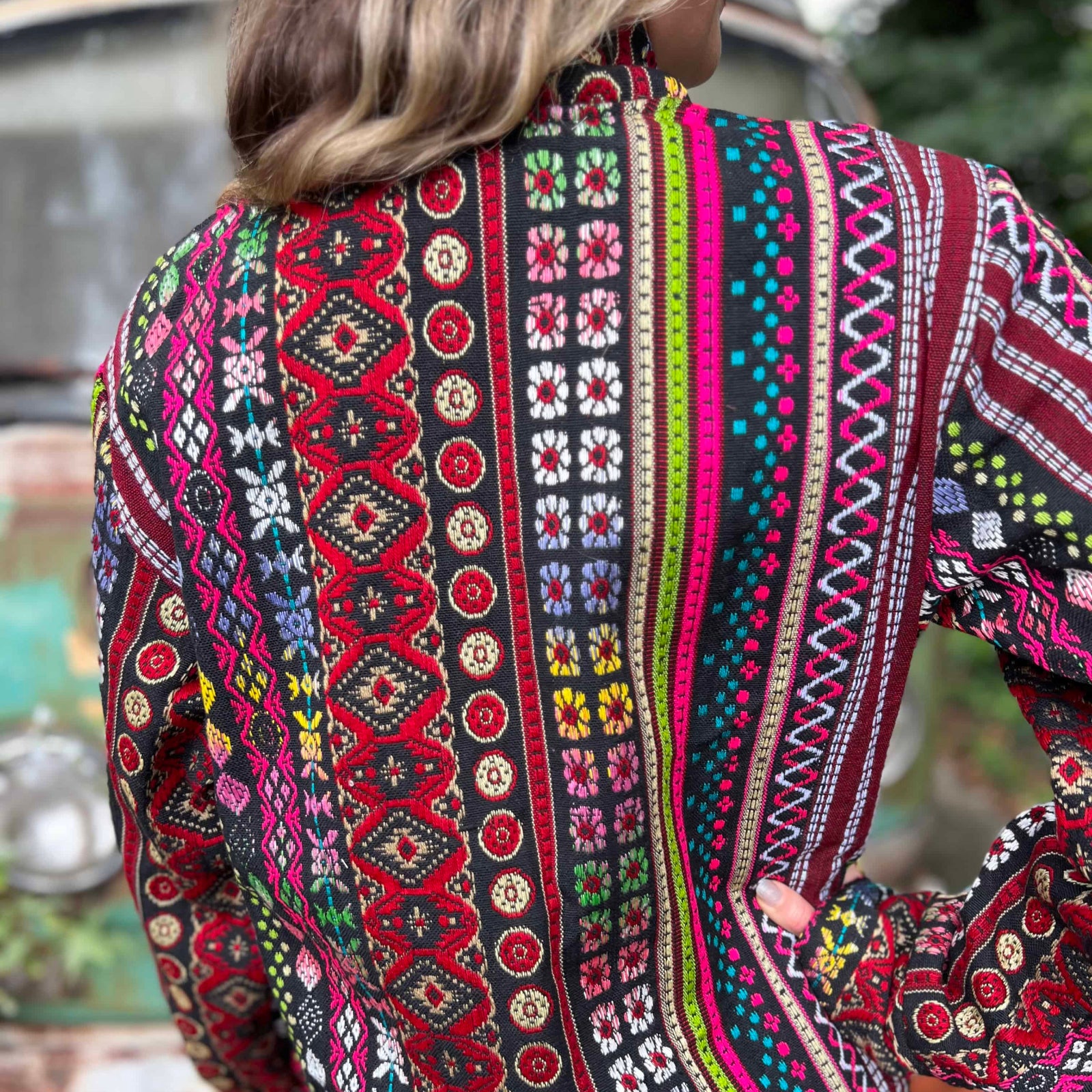 Handmade boho trench coat with earthy hippie vibes