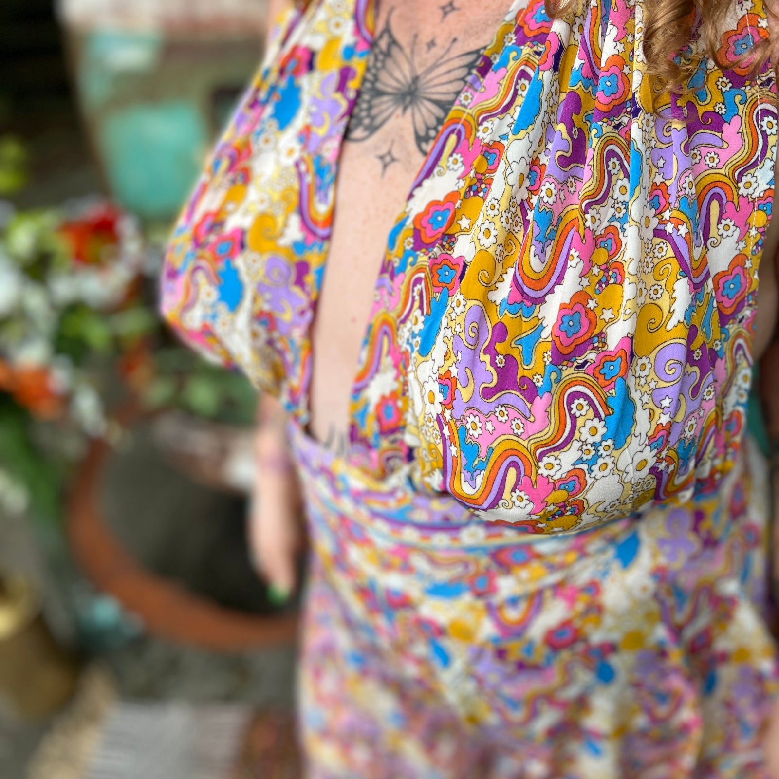 Boho rainbow festival outfit featuring wide leg jumpsuit
