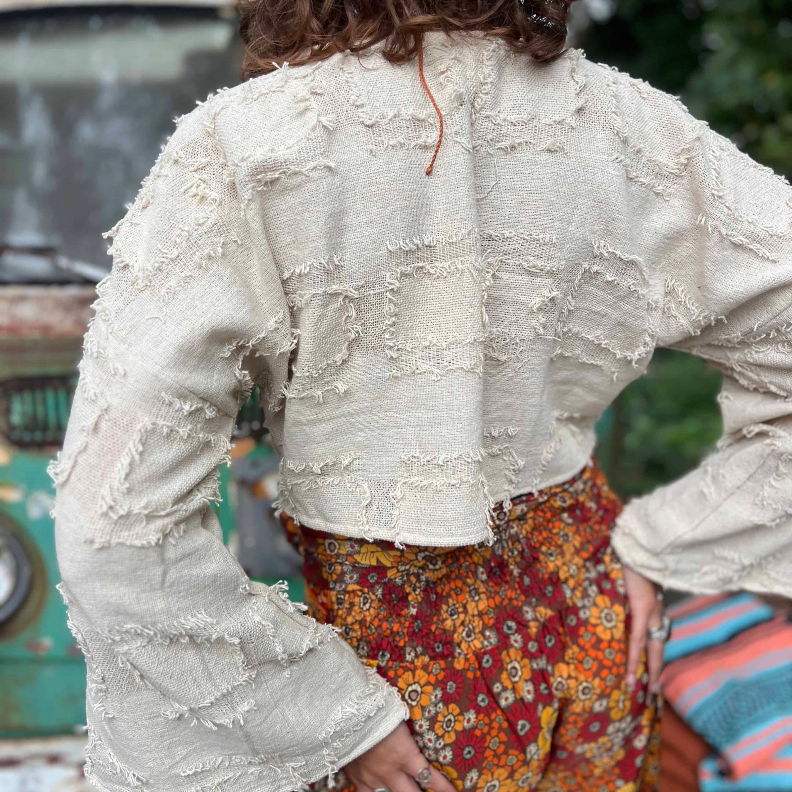 Handmade boho style crop top with wide bell sleeves