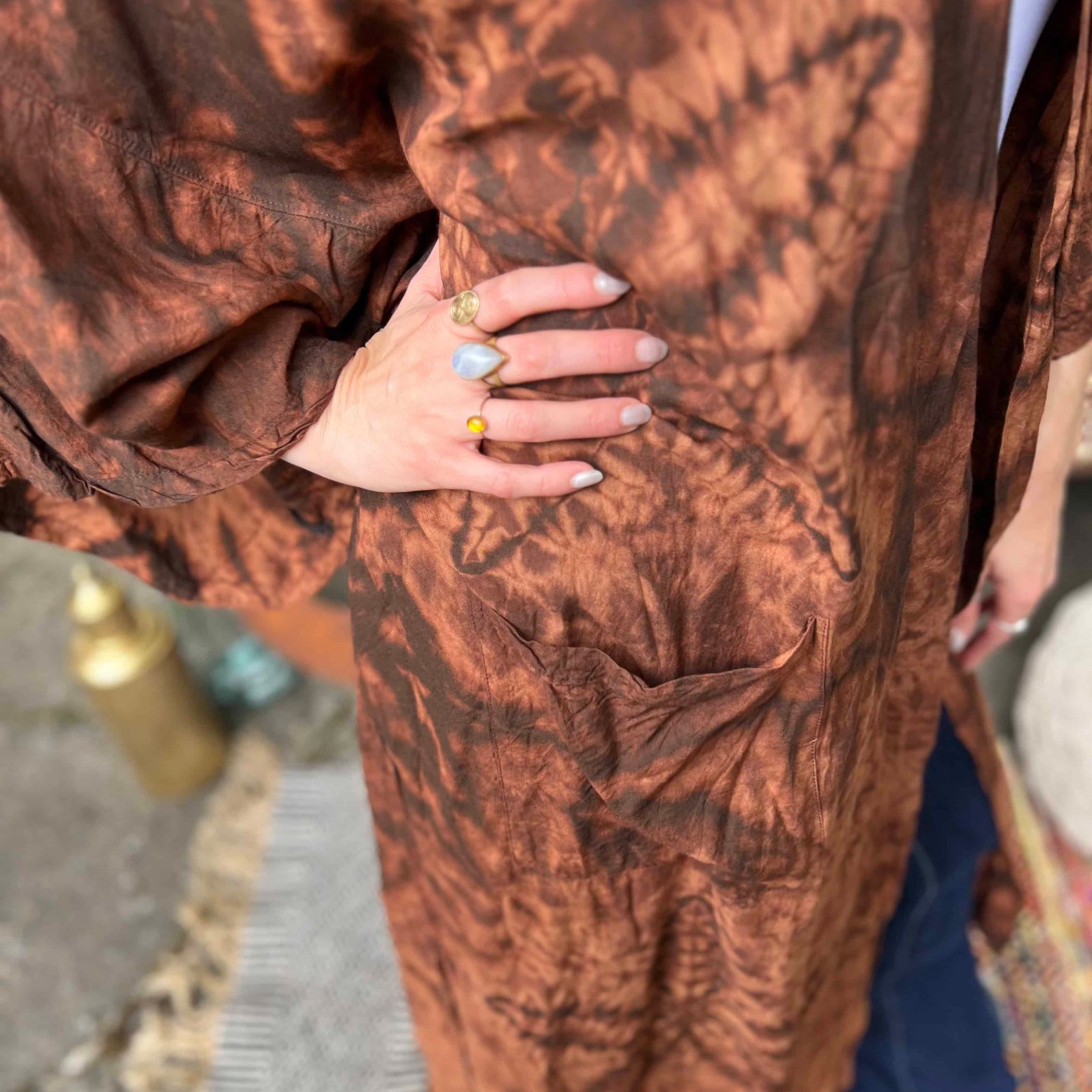 Earthy brown rayon boho kimono with lotus flower pattern