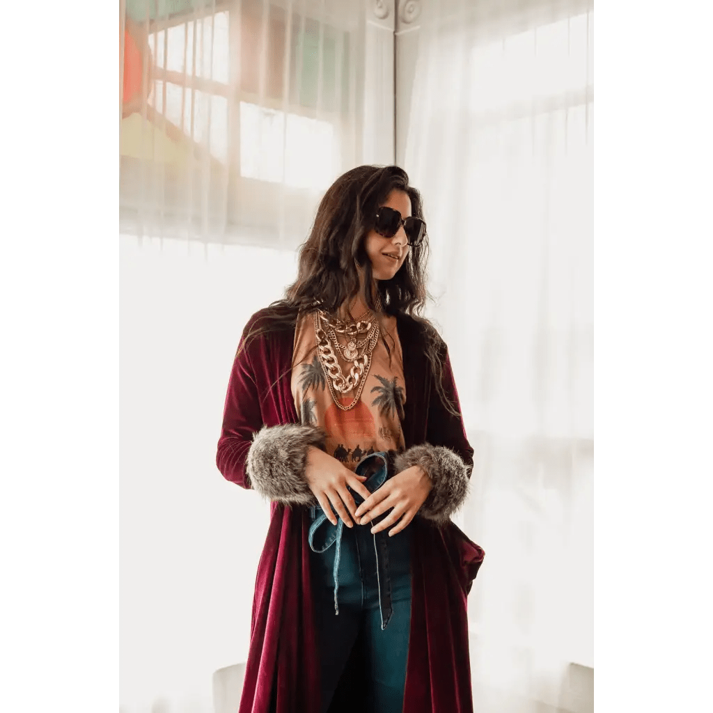 Jennafer Grace Burgundy Velvet Faux Fur Jacket