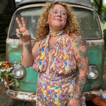 Bohemian rainbow jumpsuit perfect for outdoor concerts
