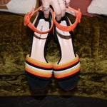 Vintage striped suede heels in candy corn theme.