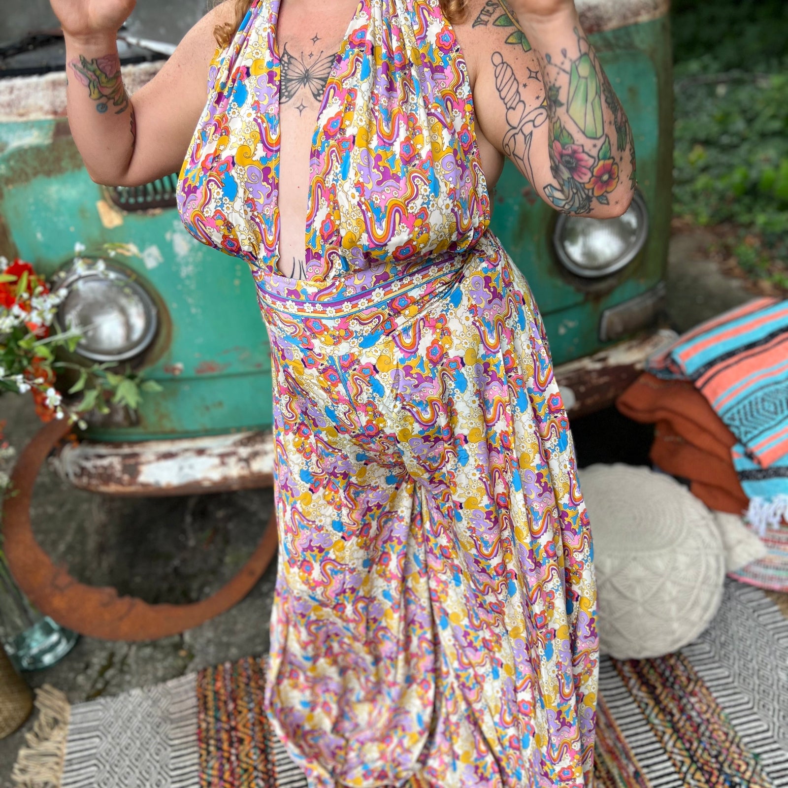 Rainbow boho jumpsuit with wide leg bell bottom silhouette
