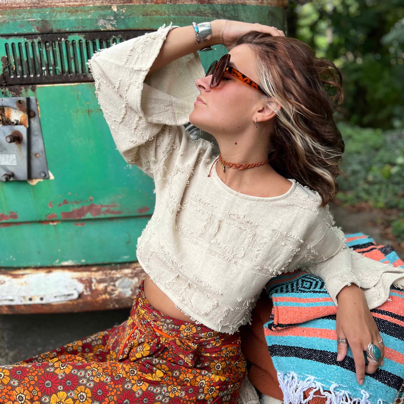 Handmade grungey cotton boho crop top with frayed edges