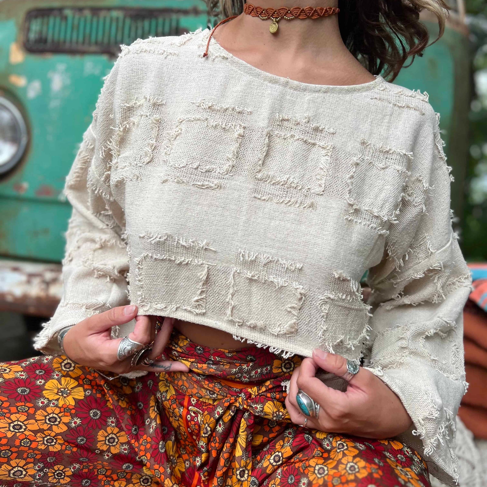 Grunge style cotton bohemian bell sleeve crop top look