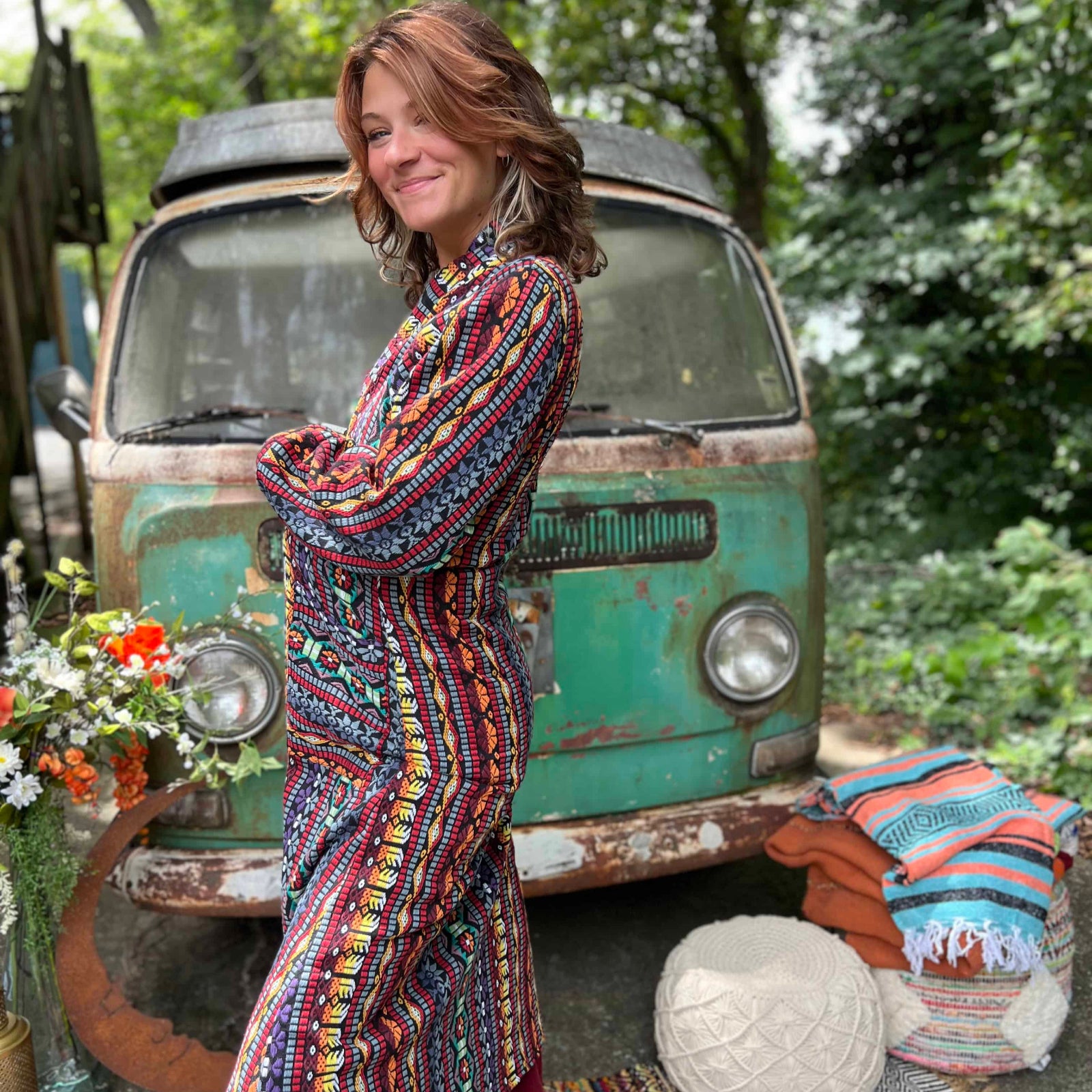 Woven handmade hippie boho trench coat with double layers