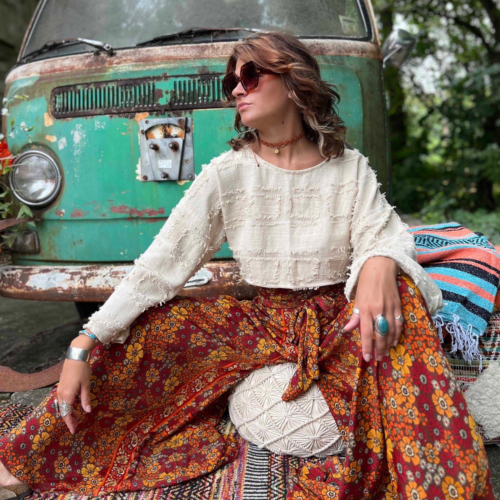 Casual grungey boho style cotton bell sleeve crop top