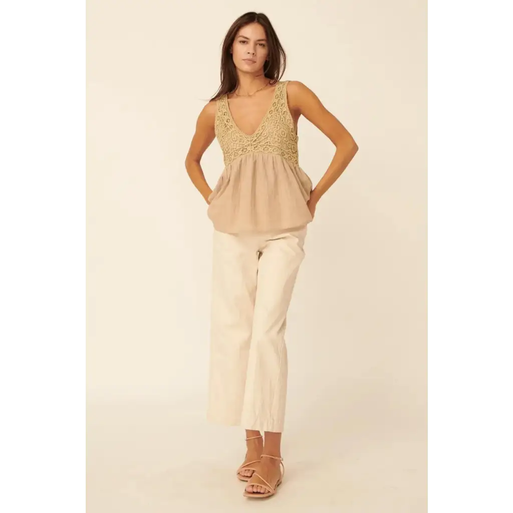 Crochet Plunging Neck Sleeveless Babydoll Top
