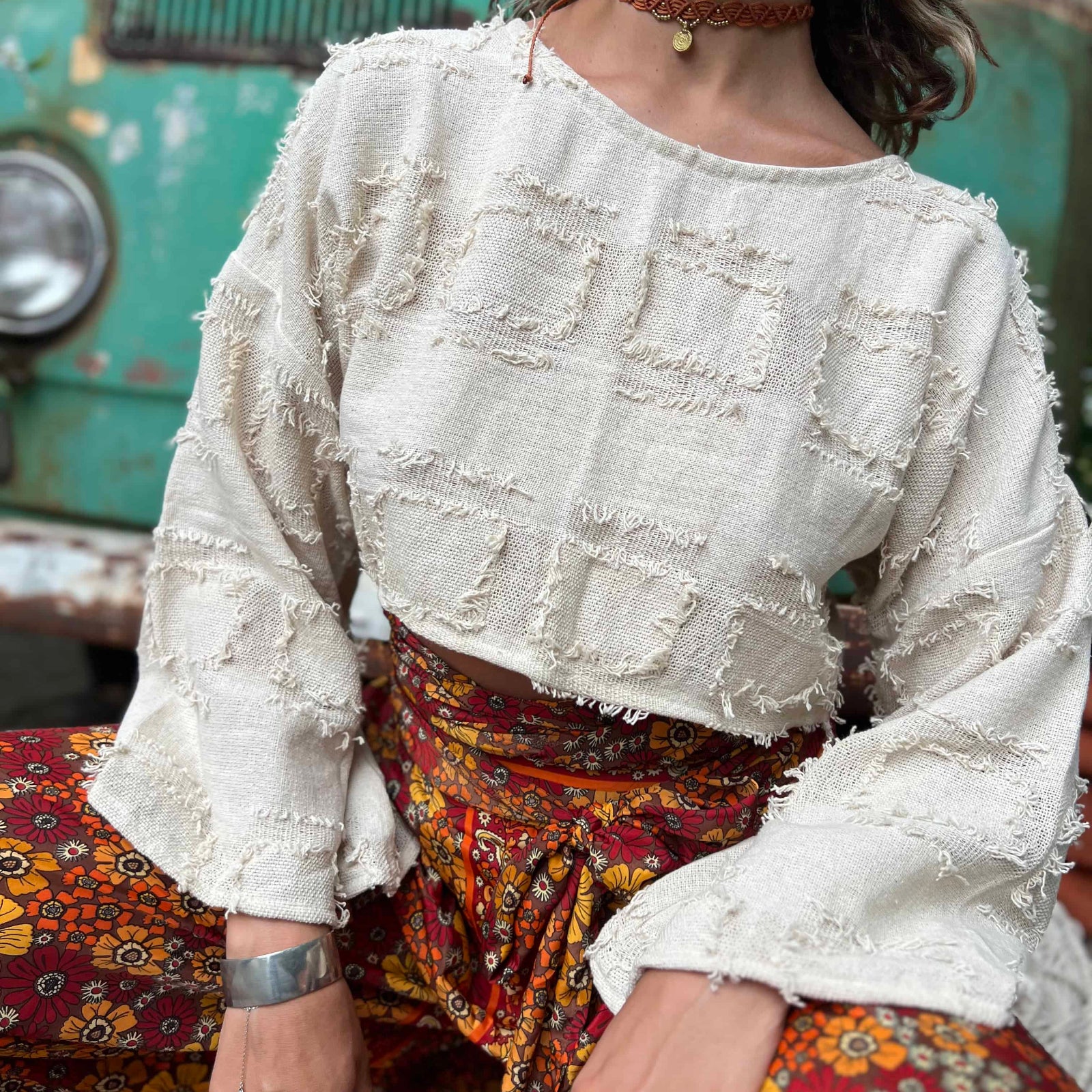 Fashion outfit featuring boho style bell sleeve crop top