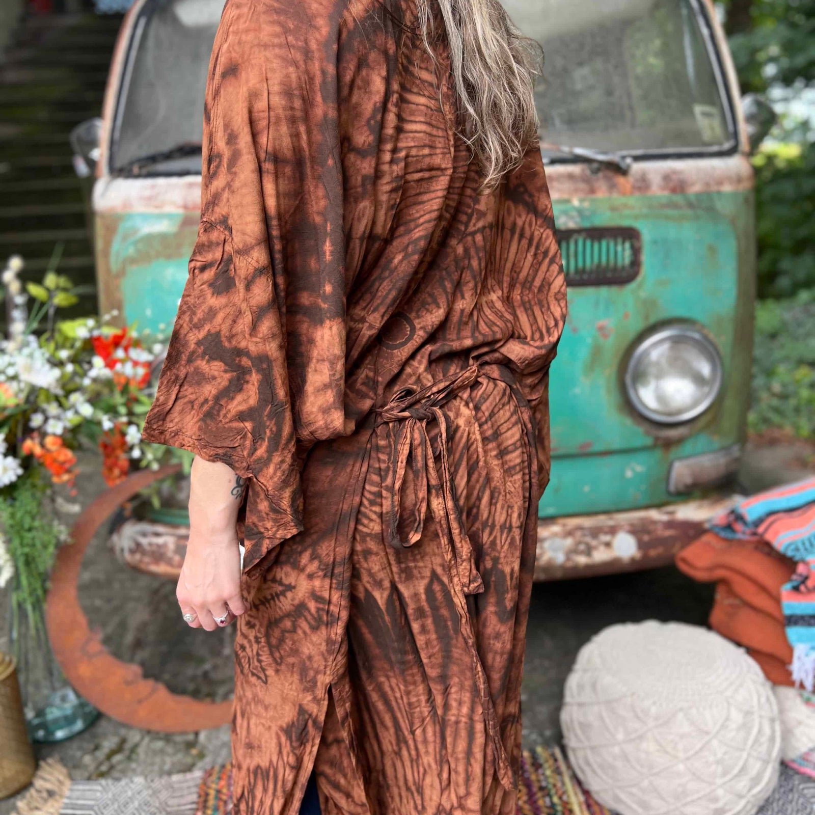 Lotus flower tie dye detail on brown bohemian festival kimono