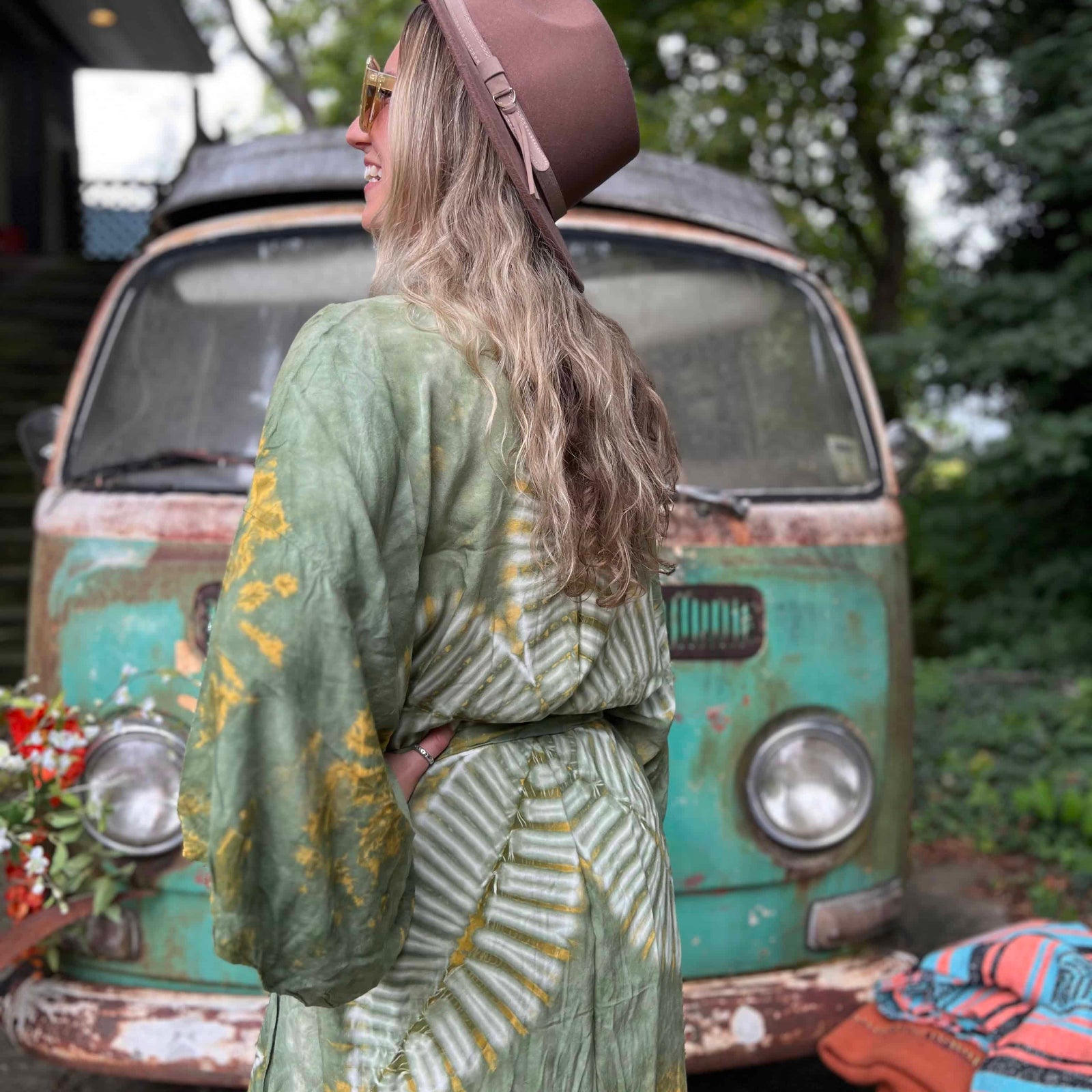 Back view of green hippie boho kimono with large lotus flower tie dye