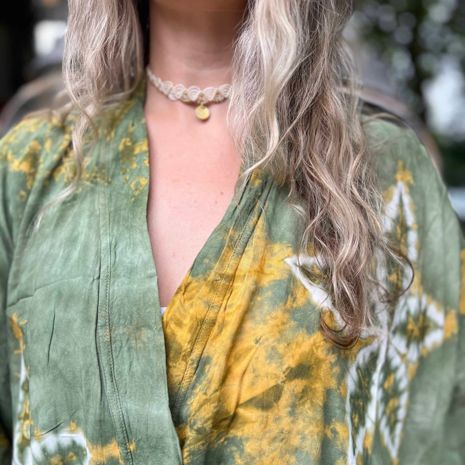Festival-ready green boho kimono front view on model