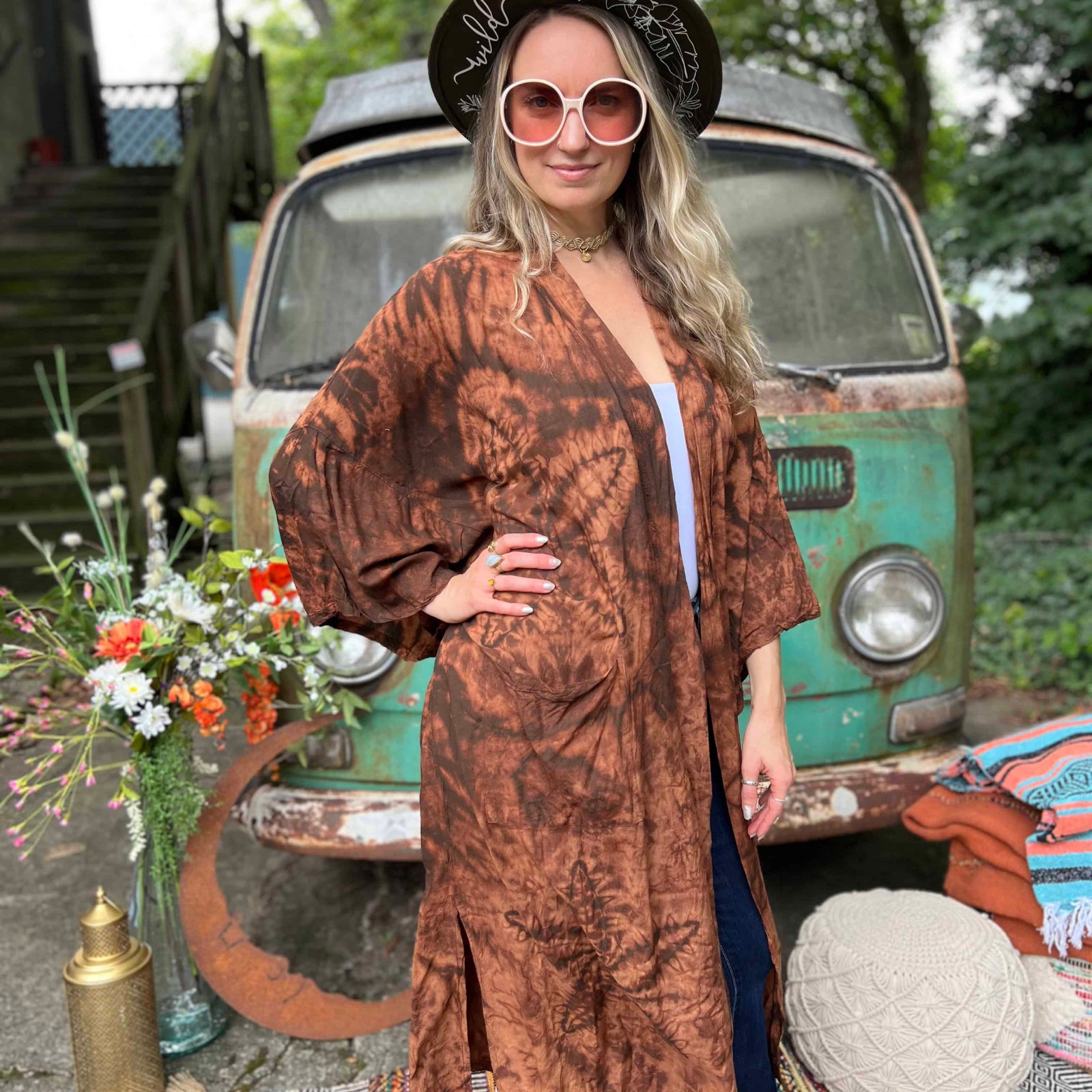 Brown bohemian handmade kimono flowing open in front