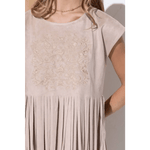 Embroidered Front Suede Fringe Tiered Dress