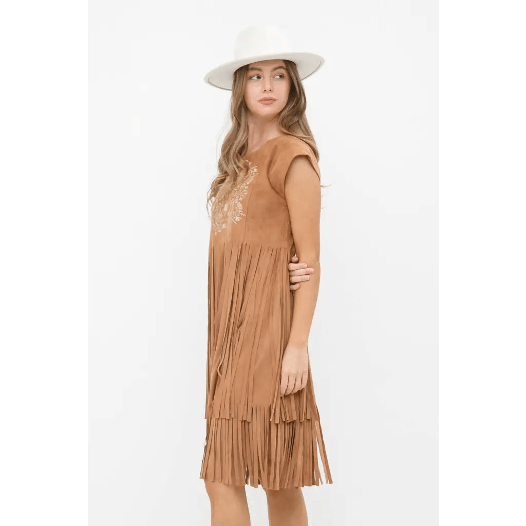 Embroidered Front Suede Fringe Tiered Dress